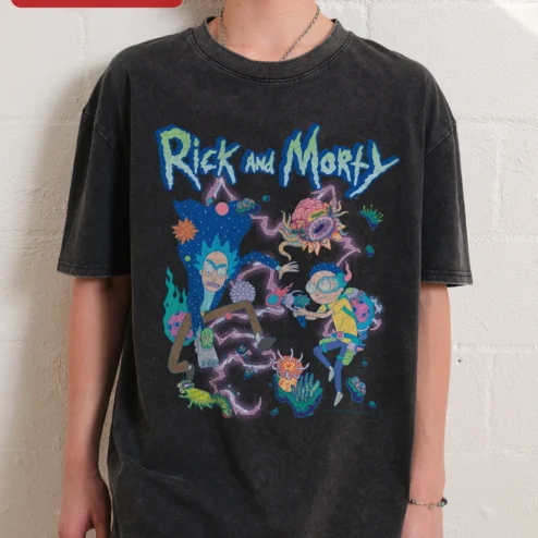 Rick and Morty Psychedelic Acid Wash Tee Vintage Sci-Fi Cartoon Graphic T-Shirt for Men Women Fans