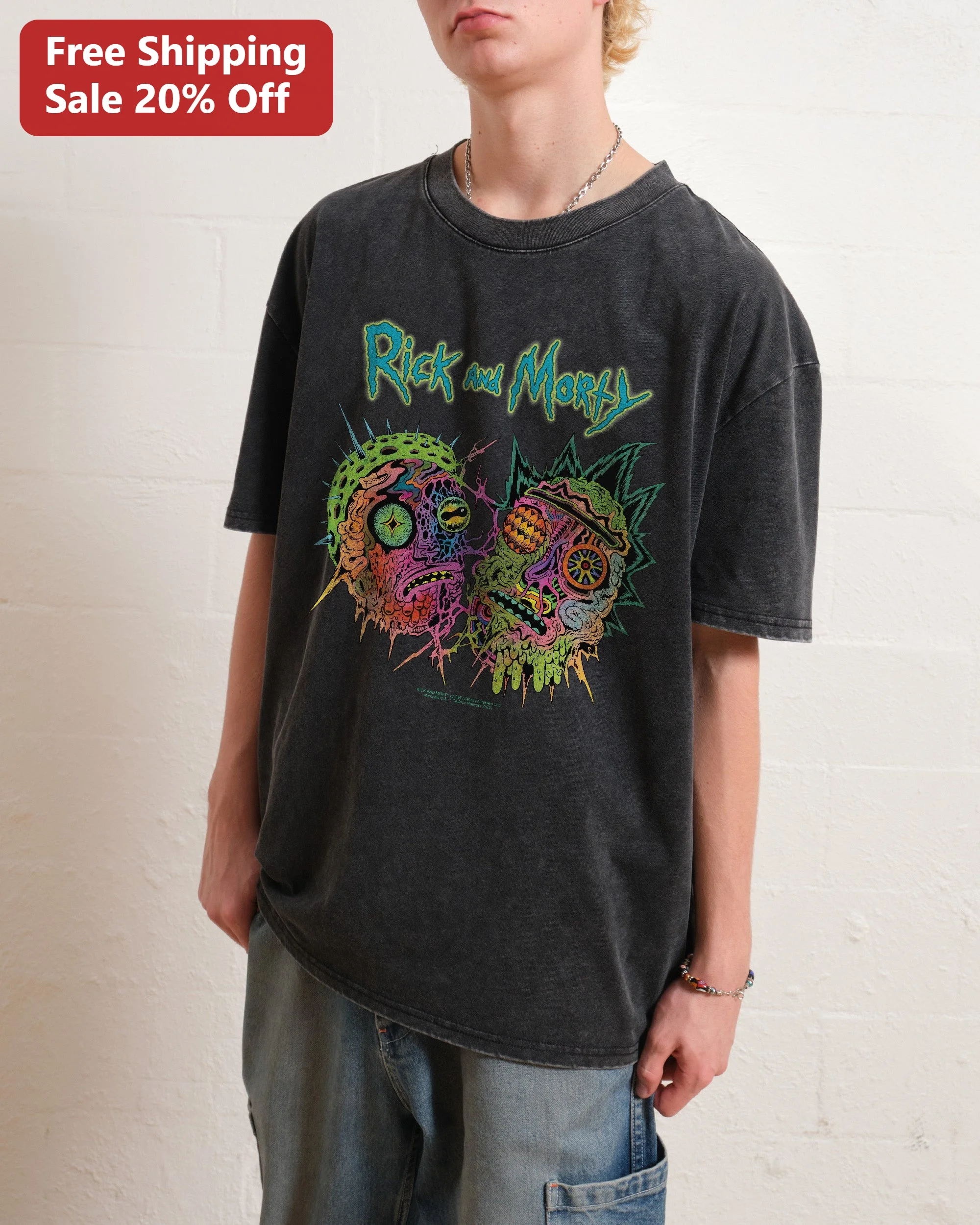 Rick and Morty Psychedelic Acid Wash Tee Vintage Trippy Skull Graphic T-Shirt