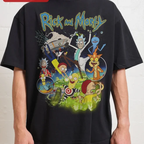 Rick and Morty Vintage Oversized Tee Black Portal Collage Graphic Shirt Adult Swim Fan Gift