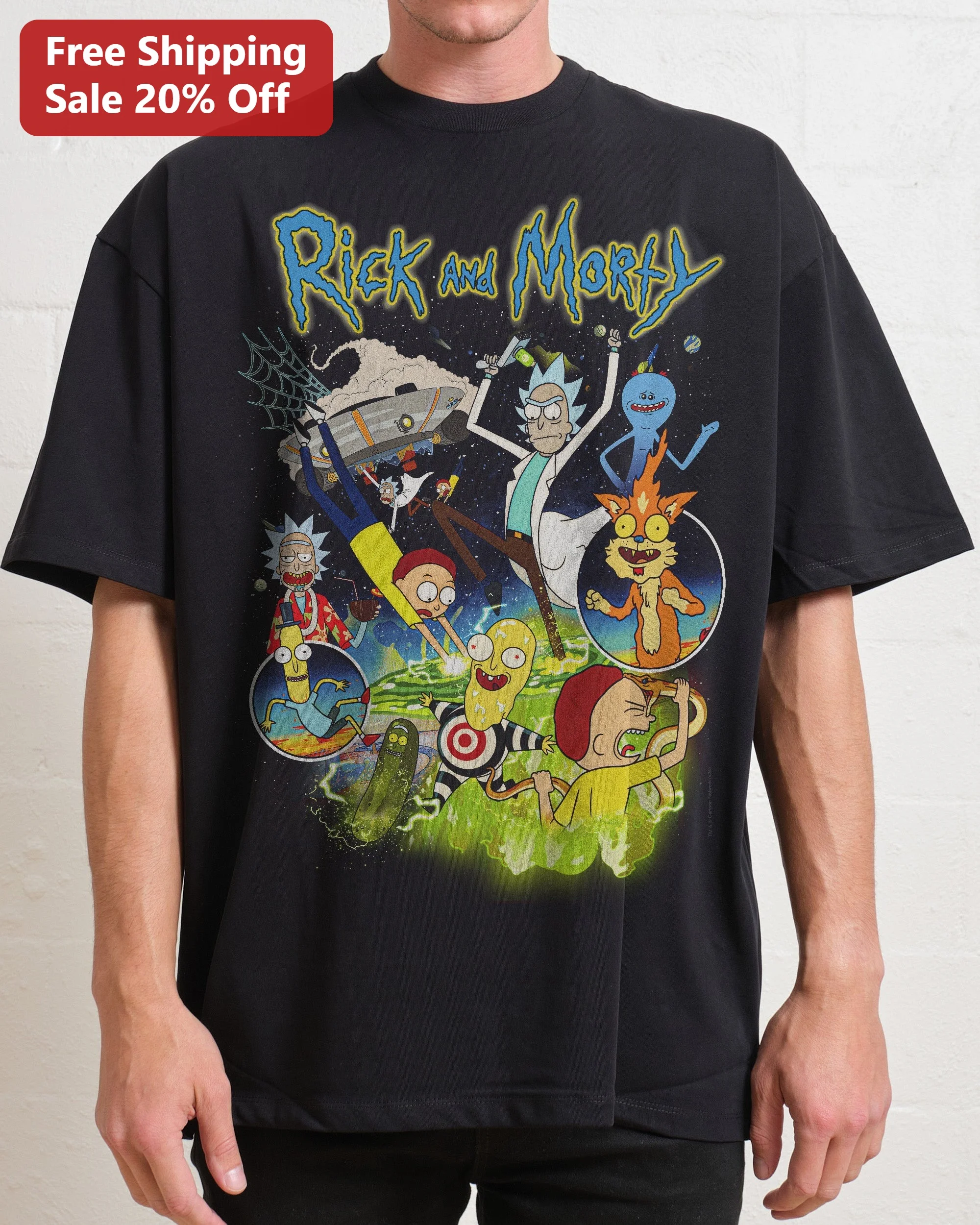 Rick and Morty Vintage Oversized Tee Black Portal Collage Graphic Shirt Adult Swim Fan Gift
