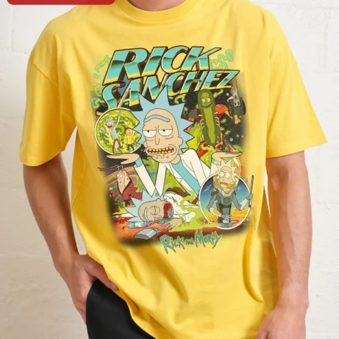 Customer in Chicago, Illinois wearing Rick Sanchez Rick and Morty Collage Graphic Tee for Men Women Adult Swim Fan Gift