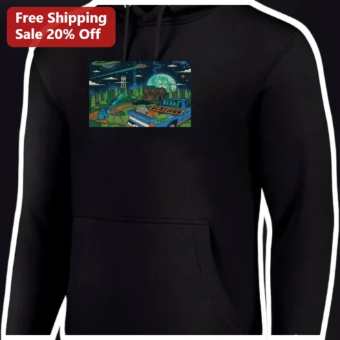 Ricky's Farm Hoodie Retro Sci-Fi UFO Pickup Truck Graphic Pullover Gift for Farmers available at our Chicago, Illinois warehouse