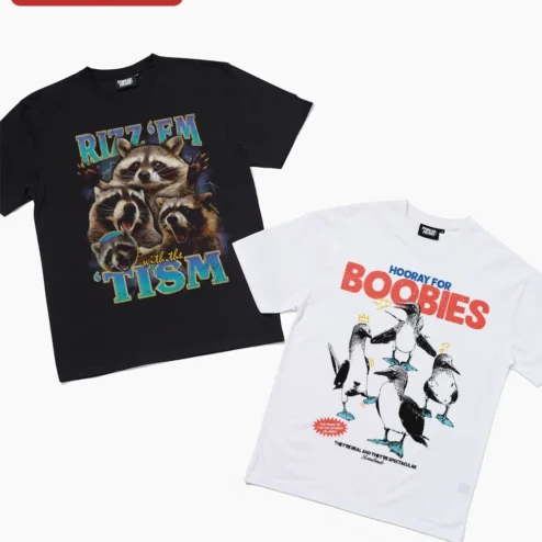 Close-up of Rizz Em With The Tism Meme Tee Screaming Raccoon Graphic Shirt for streetwear fans in Chicago, Illinois