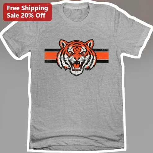 Roaring Tiger Head Graphic Tee Fierce Orange and Black Stripes Wildlife Apparel