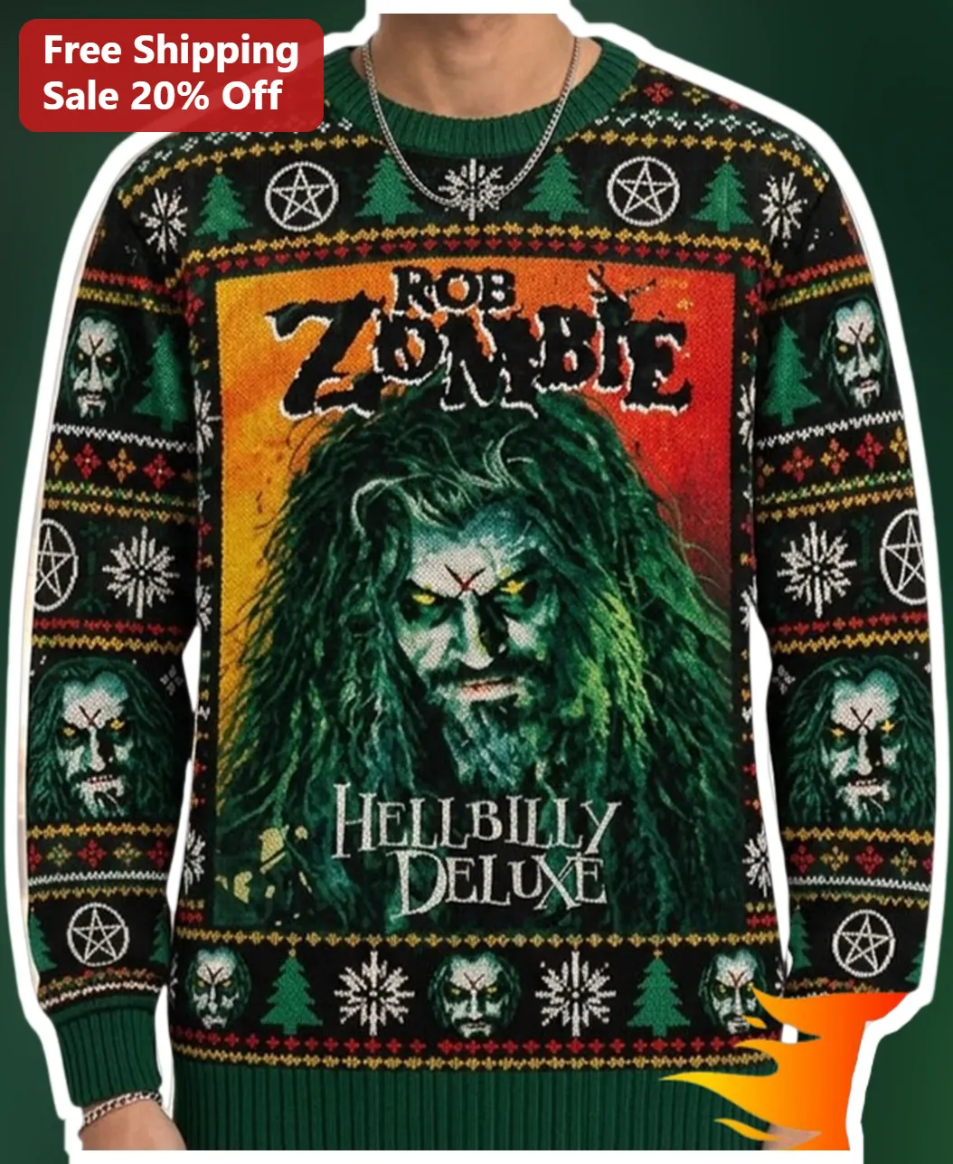 Rob Zombie Hellbilly Deluxe Ugly Christmas Sweater Horror Metal Band Merch Gift