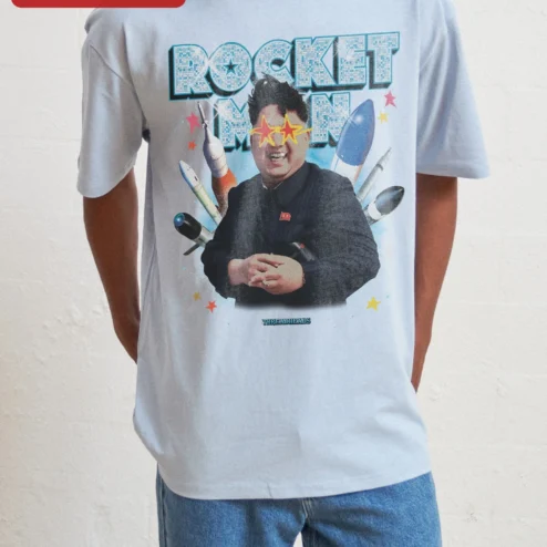 Customer in Chicago, Illinois wearing Rocket Man Kim Jong-un Graphic Tee Elton John Parody Space Shirt