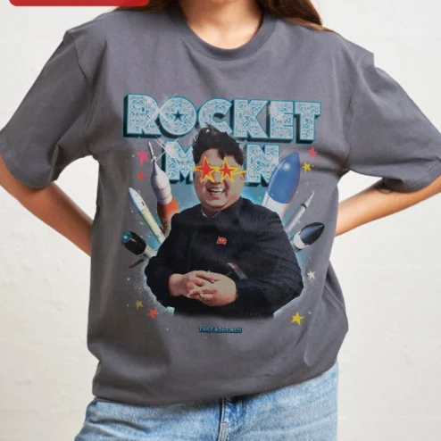 Customer in Chicago, Illinois wearing Rocket Man Kim Jong-un Graphic Tee Political Satire Shirt