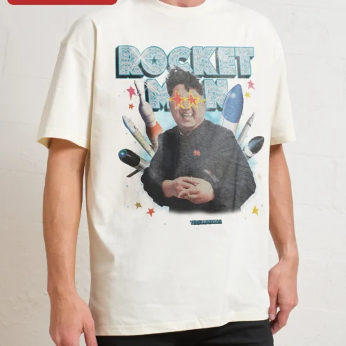 Close-up of Rocket Man Kim Jong-un Graphic Tee Political Satire Shirt for streetwear fans in Chicago, Illinois