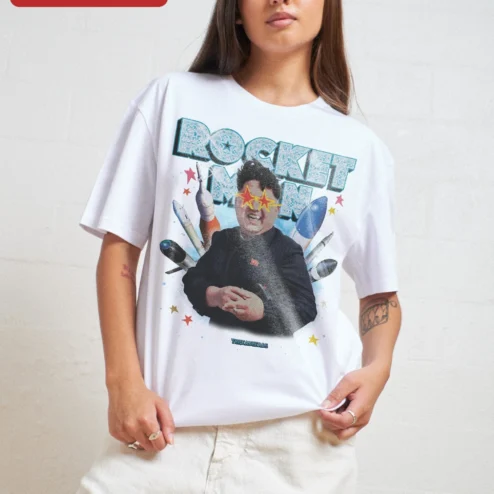 Close-up of Rocket Man Kim Jong-un Graphic Tee Political Satire Shirt for streetwear fans in Chicago, Illinois