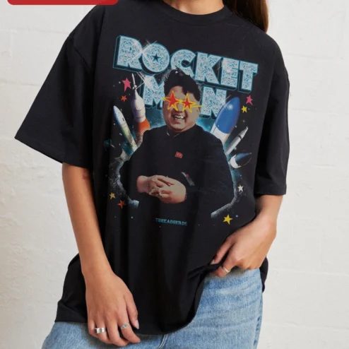Rocket Man Kim Jong-un Graphic Tee Retro Satirical Space Shirt