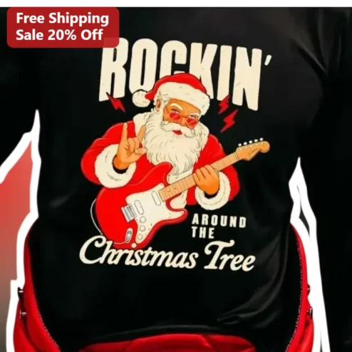 Rockin' Around The Christmas Tree Santa Claus Rockabilly Guitar Graphic Tee