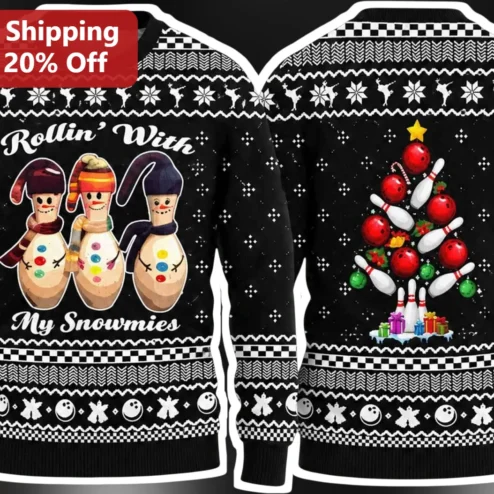 Rollin' With My Snowmies Ugly Christmas Sweater Funny Bowling Holiday Gift