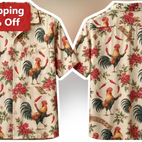 Rooster and Chili Pepper All-Over Print Shirt for Men Spicy Hot Sauce Lover Gift
