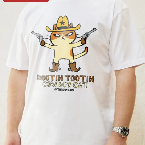 Close-up of Rootin Tootin Cowboy Cat Tee Funny Western Graphic Shirt for Cat Lovers for streetwear fans in Chicago, Illinois