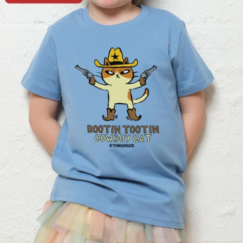 Rootin Tootin Cowboy Cat Tee Funny Western Kids Graphic Shirt Gift for Cat Lovers on a hanger, ready to ship from Chicago, Illinois