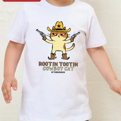 Customer in Chicago, Illinois wearing Rootin Tootin Cowboy Cat Tee Funny Western Kids Graphic Shirt Gift for Cat Lovers