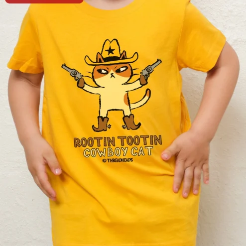 Close-up of Rootin Tootin Cowboy Cat Tee Funny Western Kids Graphic Shirt Gift for Cat Lovers for streetwear fans in Chicago, Illinois
