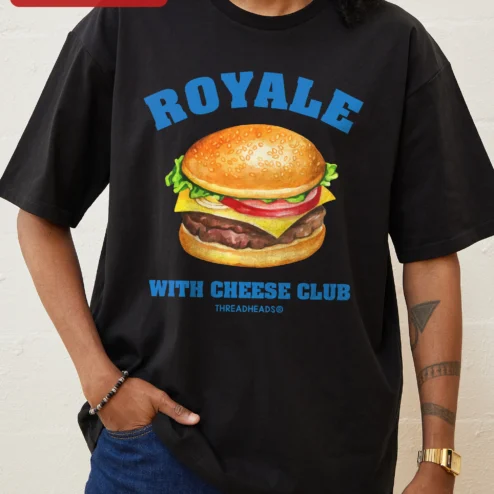 Royalty With Cheese Club Tee Retro Burger Graphic Shirt Novelty Gift for Foodies on a hanger, ready to ship from Chicago, Illinois