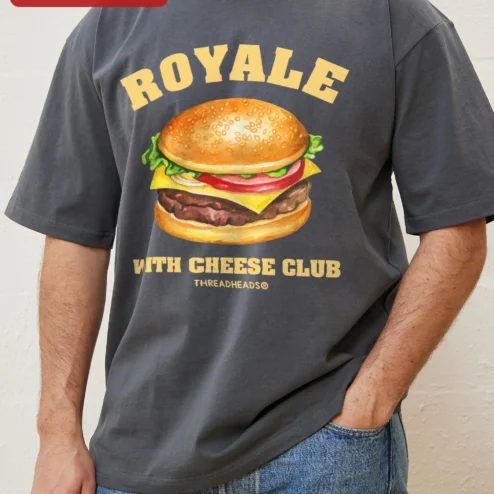 Close-up of Royalty With Cheese Club Tee Retro Burger Graphic Shirt Novelty Gift for Foodies for streetwear fans in Chicago, Illinois