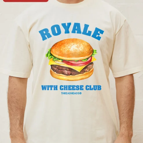 Customer in Chicago, Illinois wearing Royalty With Cheese Club Tee Retro Burger Graphic Shirt Novelty Gift for Foodies