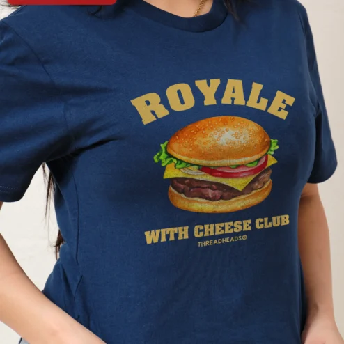 Close-up of Royalty With Cheese Club Tee Retro Burger Graphic Shirt Novelty Gift for Foodies for streetwear fans in Chicago, Illinois