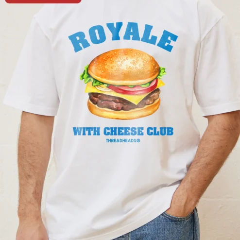 Customer in Chicago, Illinois wearing Royalty With Cheese Club Tee Retro Burger Graphic Shirt Novelty Gift for Foodies
