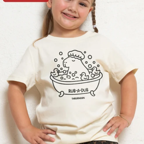 Rub-A-Dub Hippo Bath Tub Kids Tee Cute Animal Graphic Shirt on a hanger, ready to ship from Chicago, Illinois
