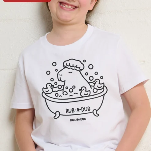 Close-up of Rub-A-Dub Hippo Bath Tub Kids Tee Cute Animal Graphic Shirt for streetwear fans in Chicago, Illinois