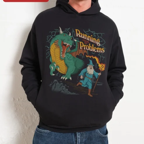 Running FROM MY Problems Hoodie Funny Wizard vs Dragon Fantasy Humor Gift for Gamers D&D Players on a hanger, ready to ship from Chicago, Illinois