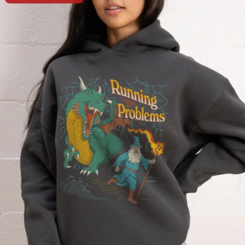 Customer in Chicago, Illinois wearing Running FROM MY Problems Hoodie Funny Wizard vs Dragon Fantasy Humor Gift for Gamers D&D Players