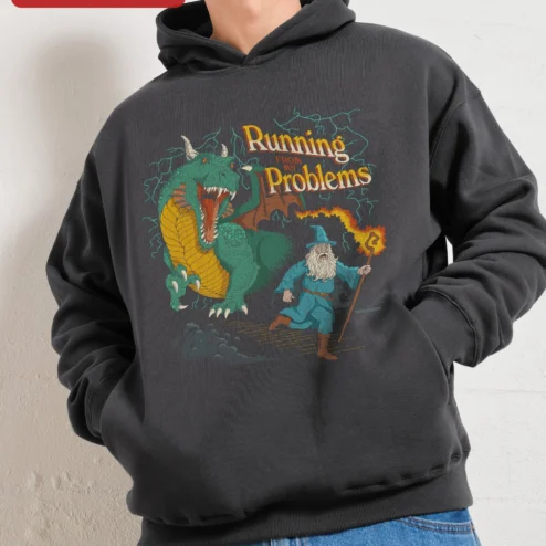 Running FROM MY Problems Hoodie Funny Wizard vs Dragon Fantasy Humor Gift for Gamers D&D Players