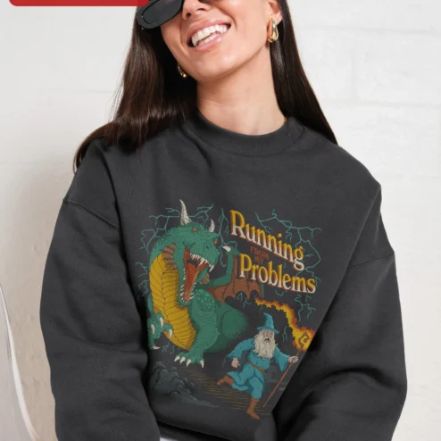 Customer in Chicago, Illinois wearing Running From My Problems Sweatshirt Funny Wizard vs Dragon Fantasy Humor Crewneck Gift for Gamers