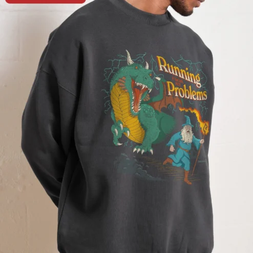 Running From My Problems Sweatshirt Funny Wizard vs Dragon Fantasy Humor Crewneck Gift for Gamers