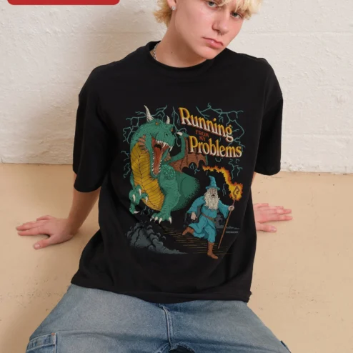 Running From My Problems Tee Funny Fantasy Dragon Wizard Graphic Shirt for Gamers D&D Players