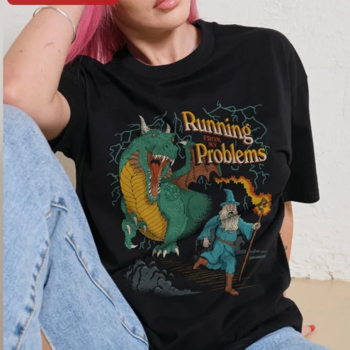 Running From My Problems Tee Funny Fantasy Wizard Dragon Graphic Shirt Gift for Gamers