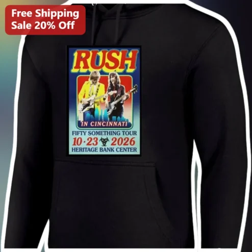 Rush Fifty Something Tour Cincinnati Heritage Bank Center Hoodie available at our Chicago, Illinois warehouse