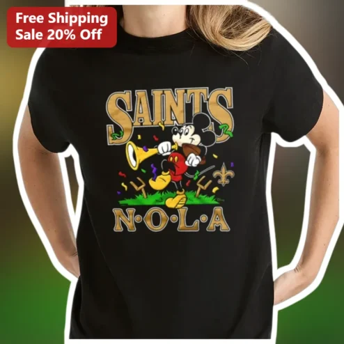 SAINTS N·O·L·A Mickey Mouse Tee New Orleans Saints NFL Fan Shirt available at our Chicago, Illinois warehouse