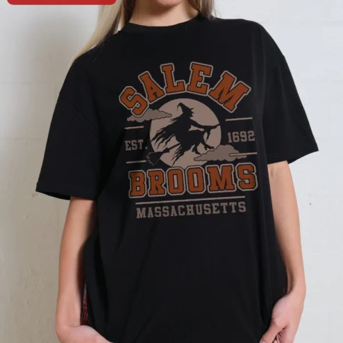 Salem Brooms Massachusetts Est. Vintage Witch Flying on Broomstick Graphic Tee Halloween Souvenir Shirt