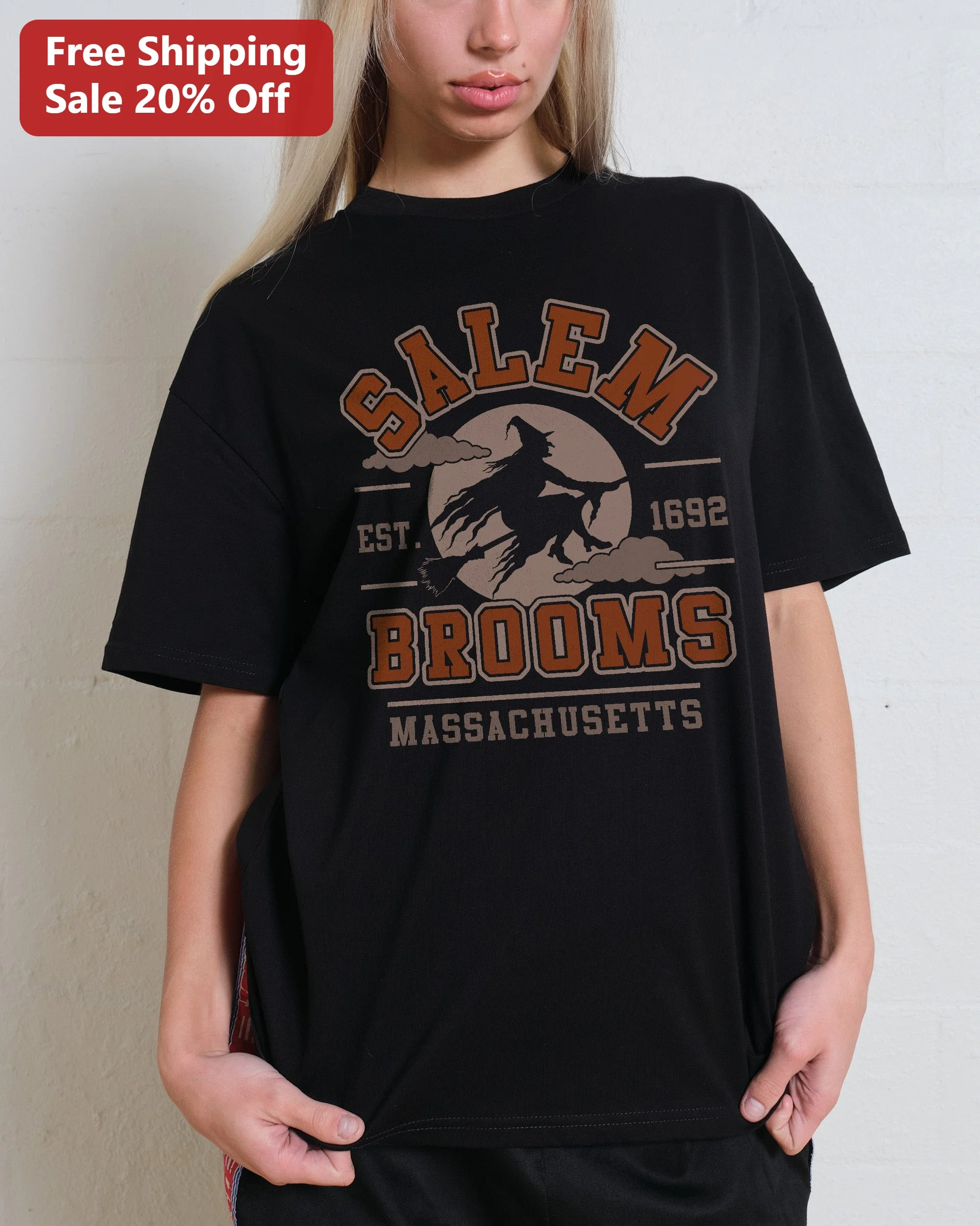 Salem Brooms Massachusetts Est. Vintage Witch Flying on Broomstick Graphic Tee Halloween Souvenir Shirt