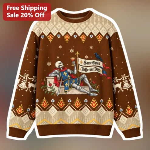Same Chaos Different Day Medieval Skeleton Knight Ugly Christmas Sweater