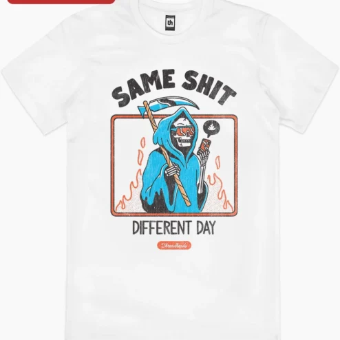 Customer in Chicago, Illinois wearing Same Shit Different Day Grim Reaper Sunglasses Hoodie Cartoon Graphic Tee Dark Humor Funny Sarcastic