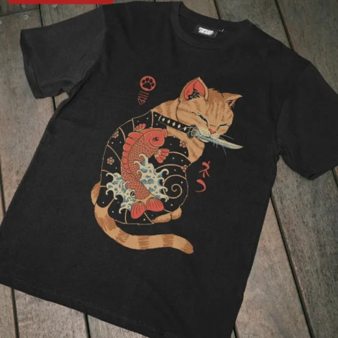 Samurai Cat Koi Fish Tattoo Tee Japanese Irezumi Style Graphic Shirt for Men Women on a hanger, ready to ship from Chicago, Illinois
