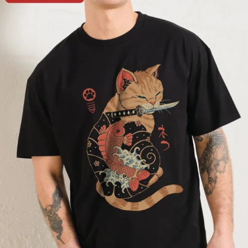Customer in Chicago, Illinois wearing Samurai Cat Koi Fish Tattoo Tee Japanese Irezumi Style Graphic Shirt for Men Women