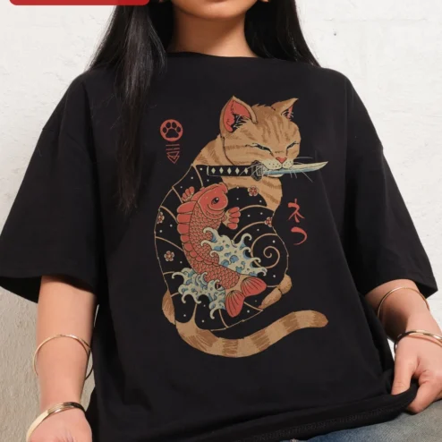 Samurai Cat Koi Fish Tattoo Tee Japanese Irezumi Style Graphic Shirt for Men Women
