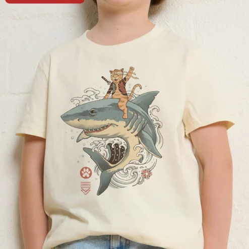 Samurai Cat Riding Shark Graphic Tee Funny Anime Style Kids Novelty Shirt Gift
