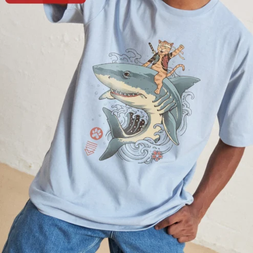 Samurai Cat Riding Shark Ukiyo-e Style Tee Japanese Woodblock Print Graphic T-Shirt on a hanger, ready to ship from Chicago, Illinois