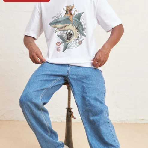 Customer in Chicago, Illinois wearing Samurai Cat Riding Shark Ukiyo-e Style Tee Japanese Woodblock Print Graphic T-Shirt
