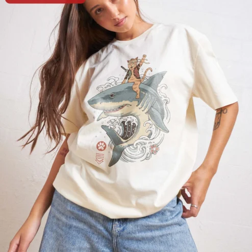 Samurai Cat Riding Shark Ukiyo-e Style Tee Japanese Woodblock Print Graphic T-Shirt