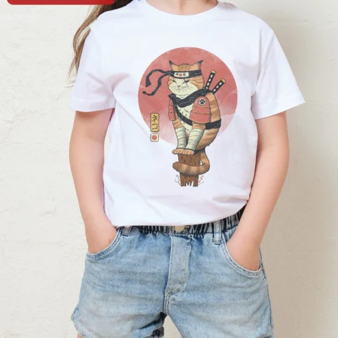 Samurai Cat Warrior Graphic Tee Funny Japanese Anime Style Black T-Shirt for Cat Lovers on a hanger, ready to ship from Chicago, Illinois