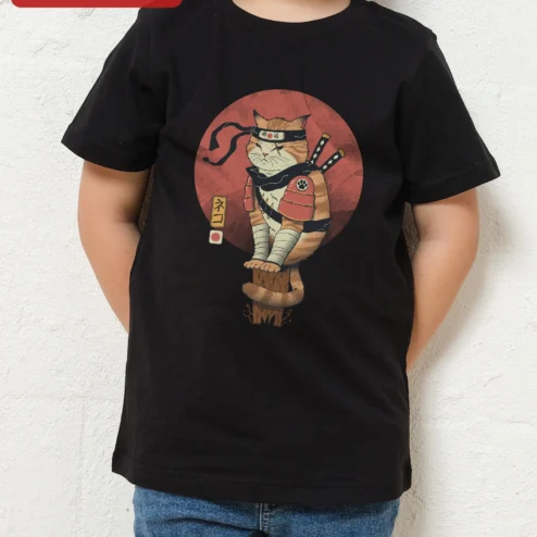 Samurai Cat Warrior Graphic Tee Funny Japanese Anime Style Black T-Shirt for Cat Lovers